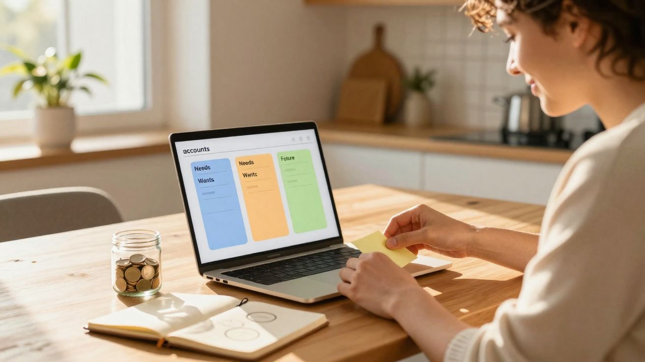 Pessoa organizando finanças no laptop com caderno, moedas em pote e post-its em mesa iluminada pela luz natural.