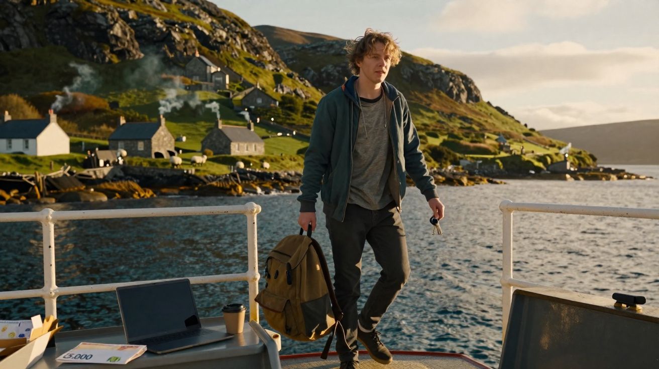 Jovem com mochila caminhando em um barco, ao fundo casas e colinas próximas à água.