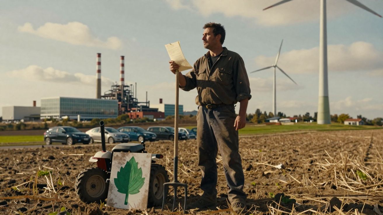 Homem em roupa de trabalho segura papel em campo com trator, usinas e turbinas eólicas ao fundo.