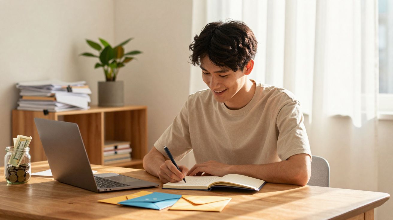 Jovem sorridente escrevendo em caderno sentado à mesa com laptop e envelopes coloridos, em ambiente iluminado.