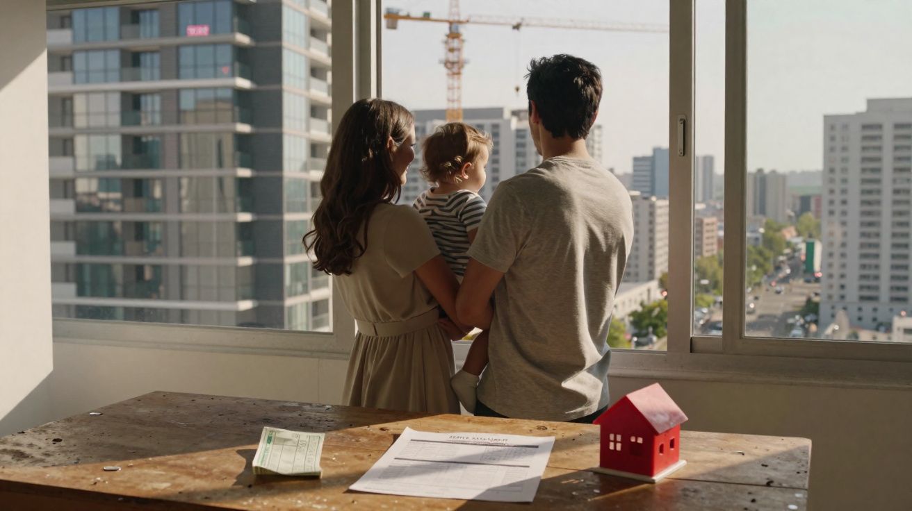 Casal com criança no colo olhando pela janela de apartamento em prédio alto na cidade.