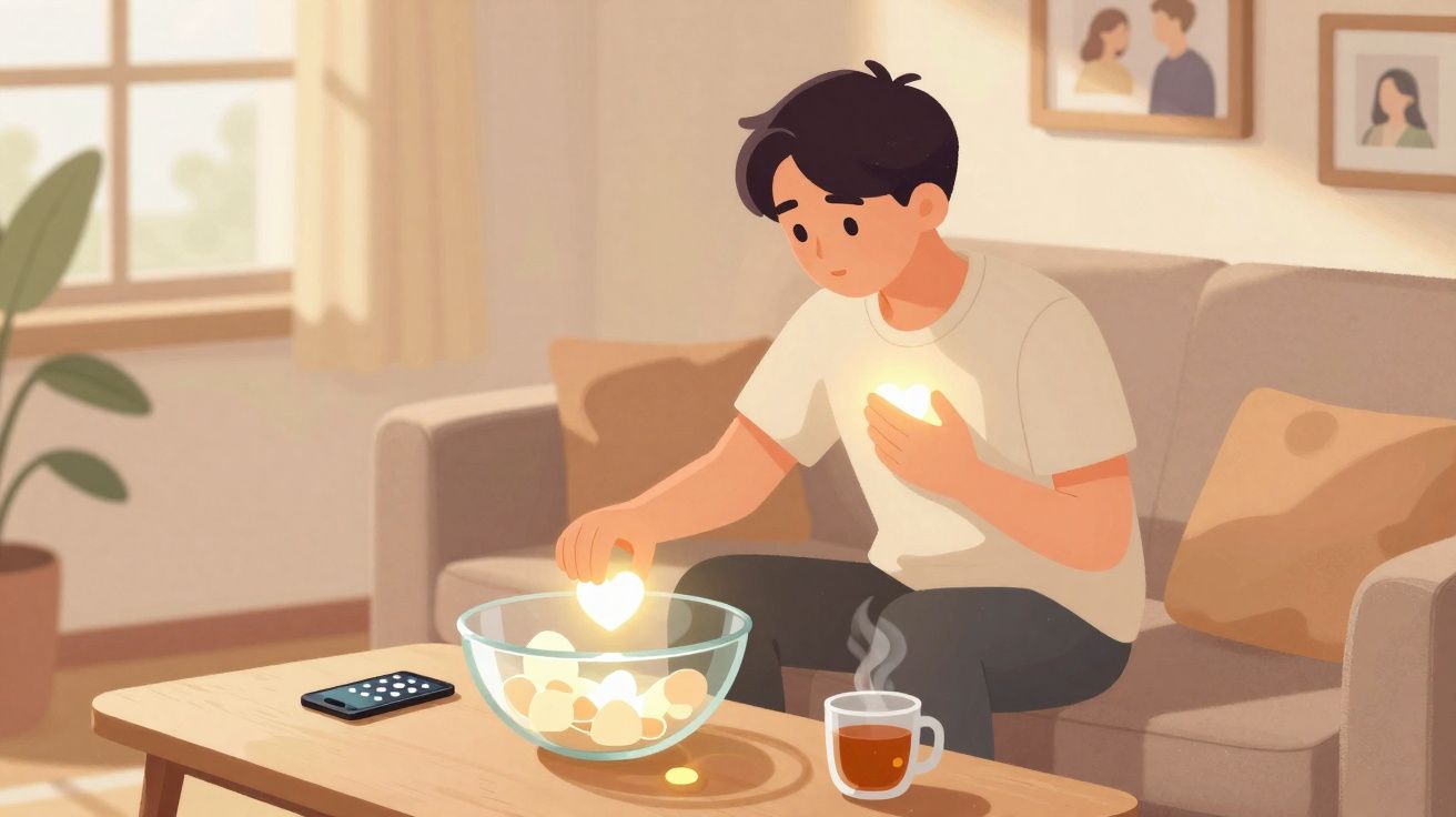 Ilustração de homem sentado no sofá, segurando um coração luminoso e colocando outro em uma tigela de vidro.