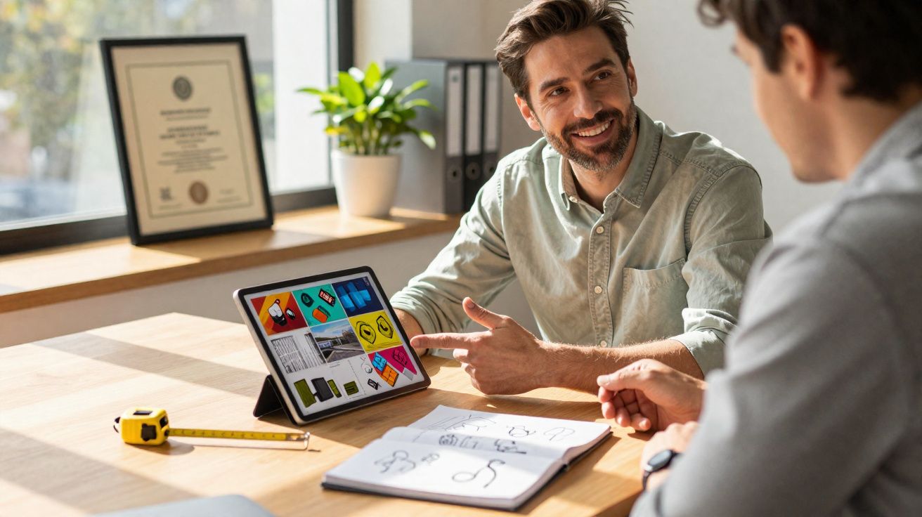 Dois homens discutem ideias criativas em tablet durante reunião em escritório iluminado e moderno.
