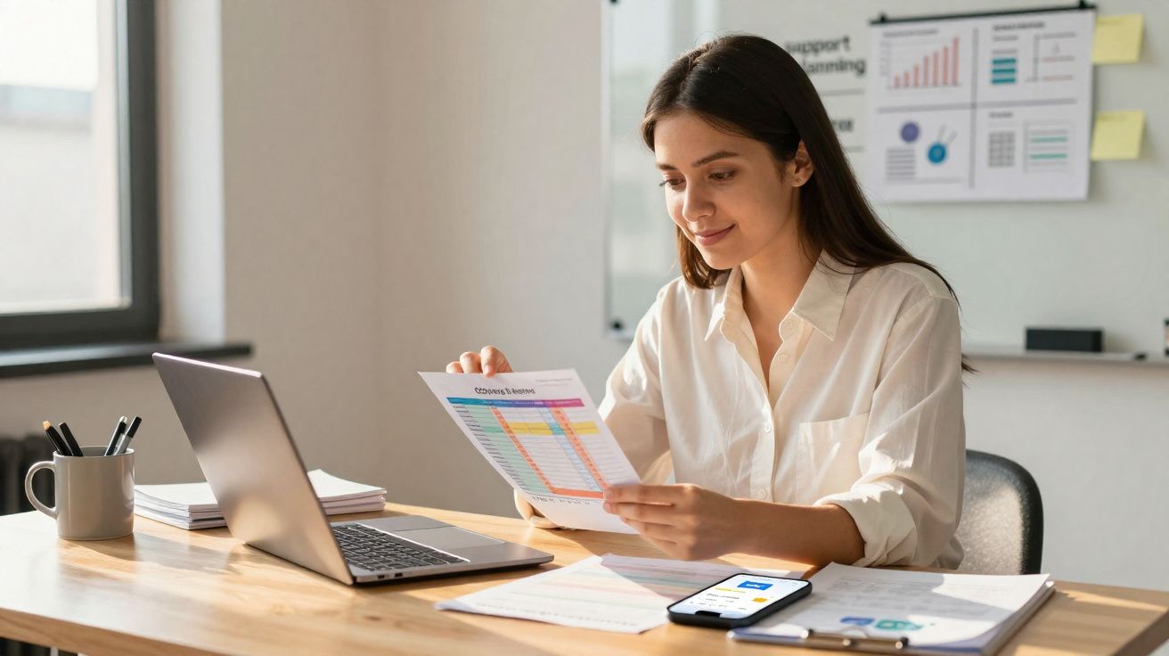 Mulher jovem analisando planilha colorida em papel, sentada à mesa com laptop e celular à sua frente.