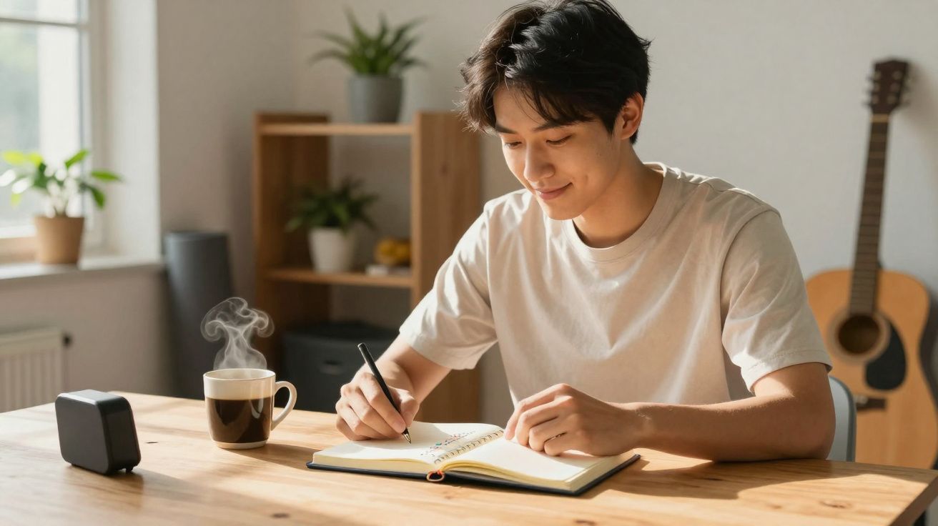 Jovem sentado escrevendo em caderno com xícara de café fumegante em mesa de madeira em ambiente iluminado.