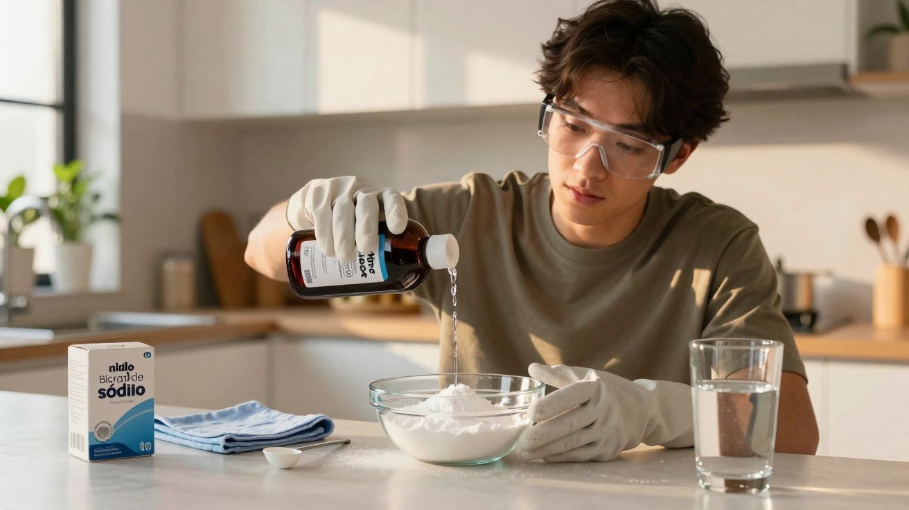 Jovem com luvas e óculos de proteção despejando líquido em tigela com bicarbonato na cozinha.