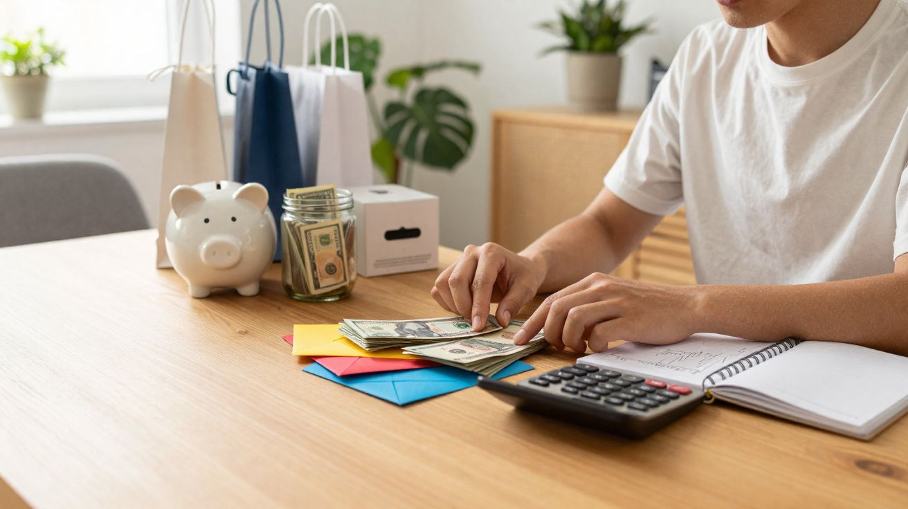 Pessoa contando dinheiro em dólar com cofrinho, envelopes coloridos, calculadora e caderno em mesa de madeira.