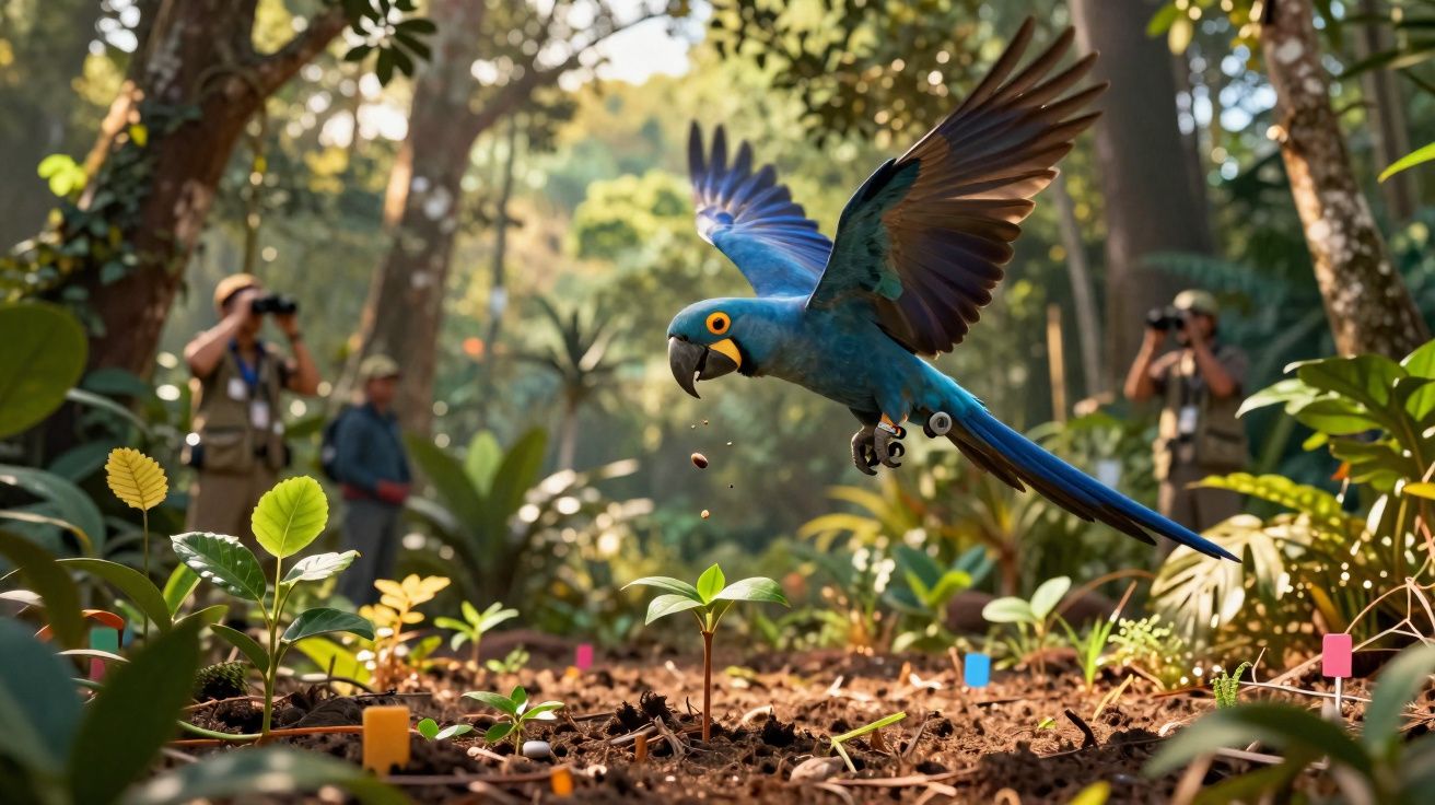 Arara azul voando baixo sobre plantas jovens em um ambiente de floresta com fotógrafos ao fundo.