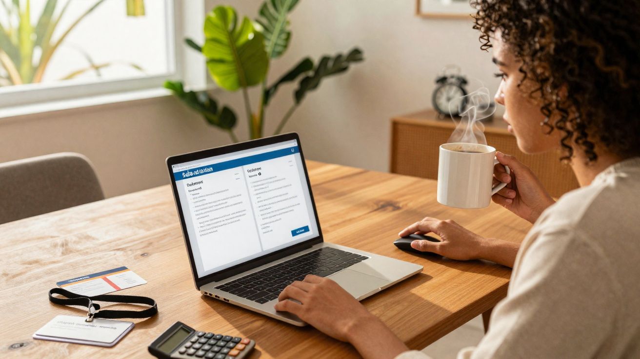 Mulher afro segurando caneca e usando laptop em mesa de madeira com calculadora e crachá.
