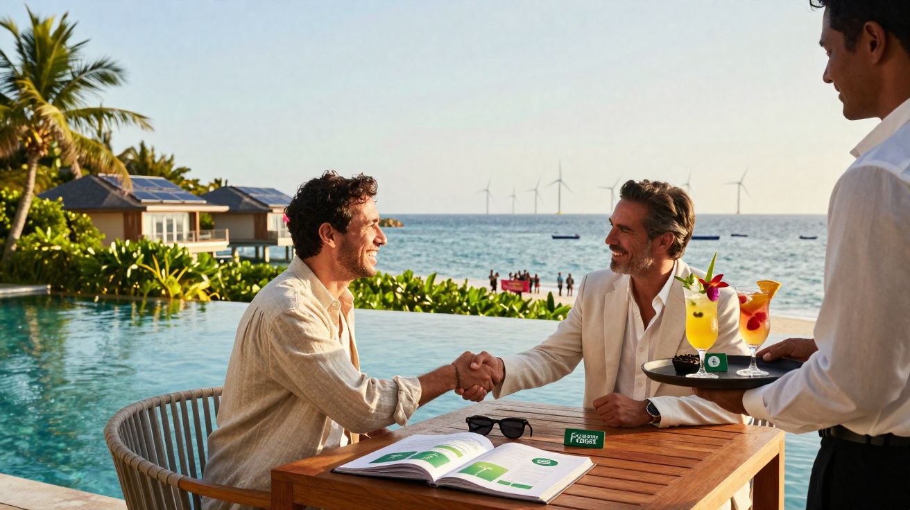 Duas pessoas apertando mãos em mesa próxima a piscina, com garçom servindo drinks e mar ao fundo.