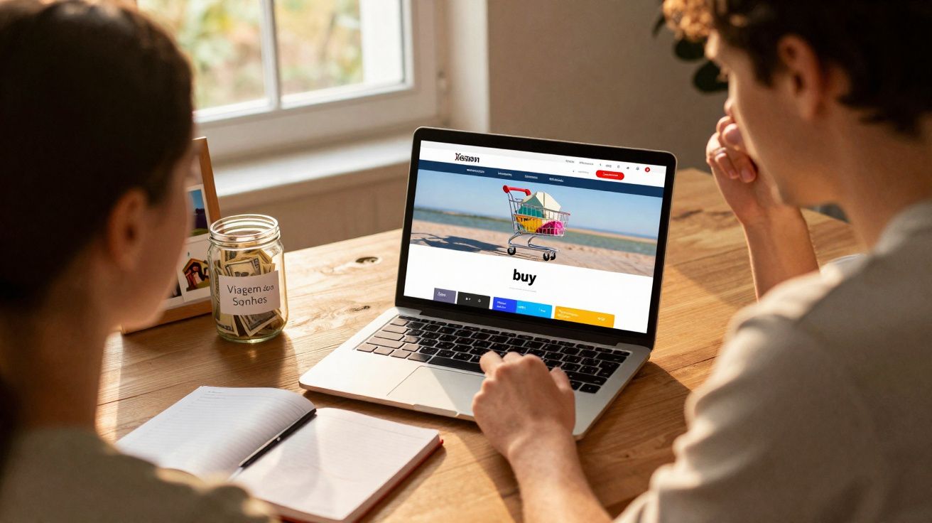 Duas pessoas sentadas à mesa olhando para um laptop com site de compras e jarra de dinheiro.