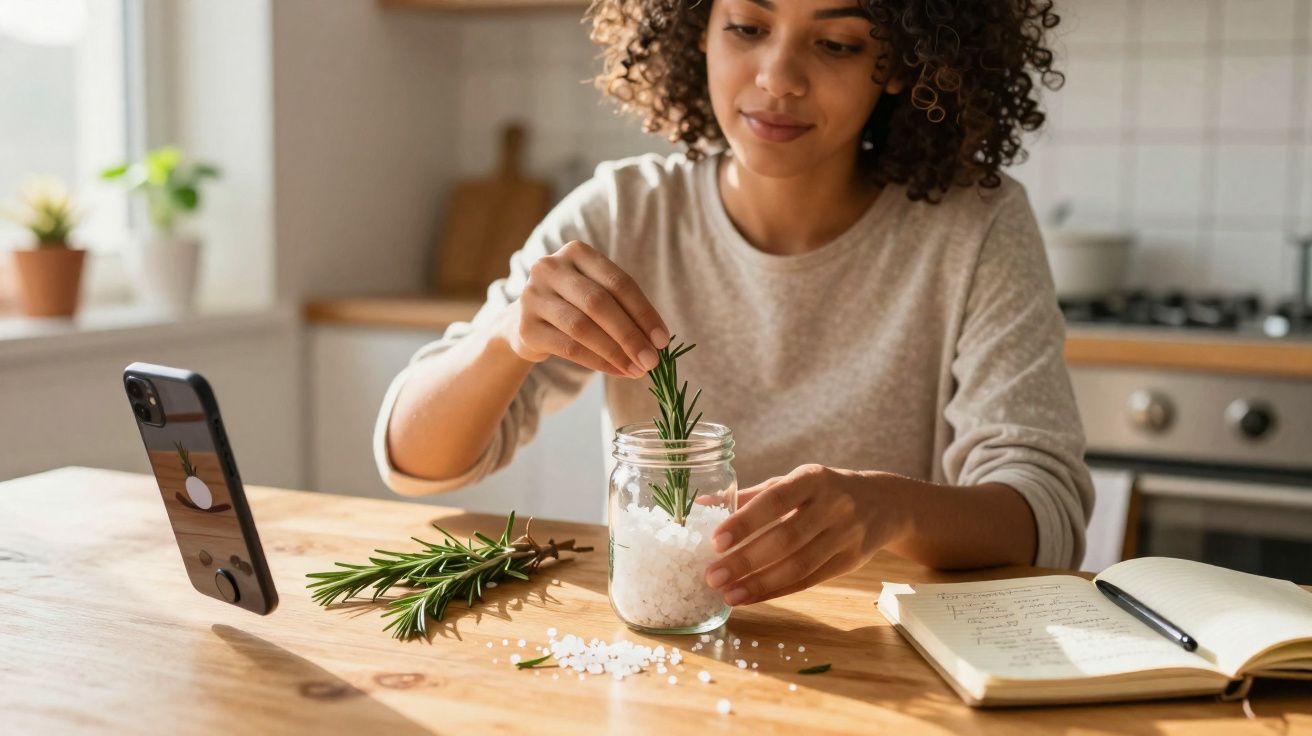 Mulher na cozinha colocando ramo de alecrim em pote com sal grosso, com celular gravando e caderno aberto na mesa.