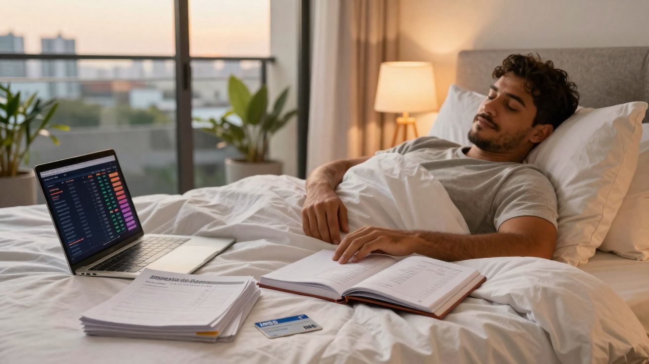 Homem deitado na cama à noite com livro aberto, laptop e documentos ao lado, em ambiente tranquilo.