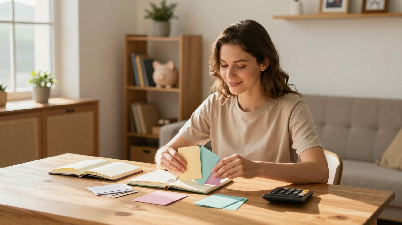 Mulher sorridente organizando cartões coloridos em mesa com calculadora e cadernos em ambiente aconchegante.