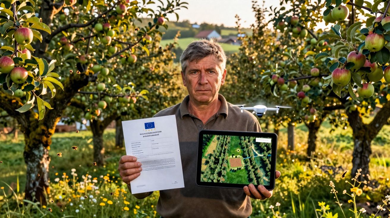 Homem em pomar segurando documento e tablet com imagem aérea de plantação, drone ao fundo.