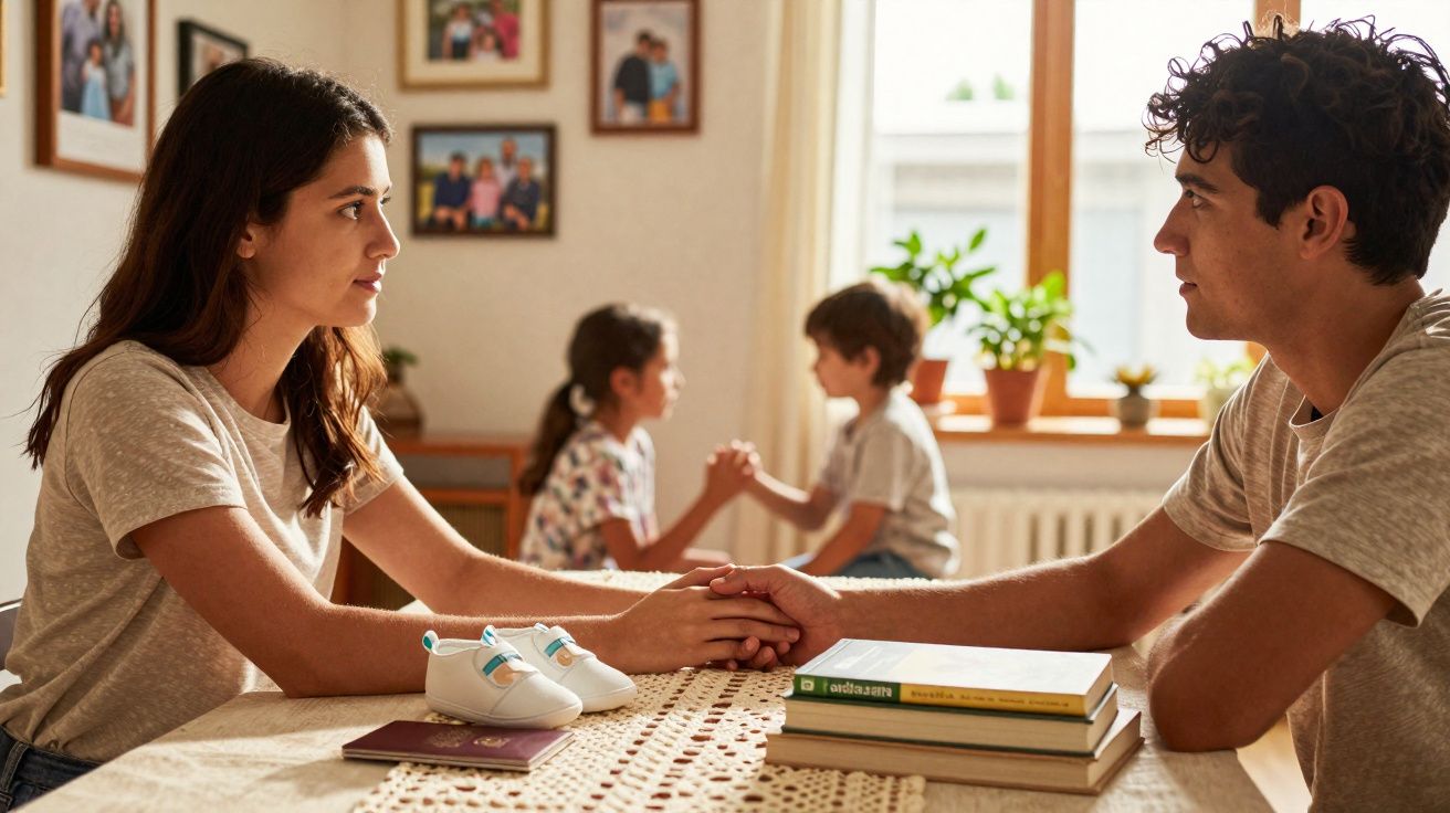 Casal sentado à mesa segurando as mãos, com tênis de bebê, livros e crianças ao fundo.