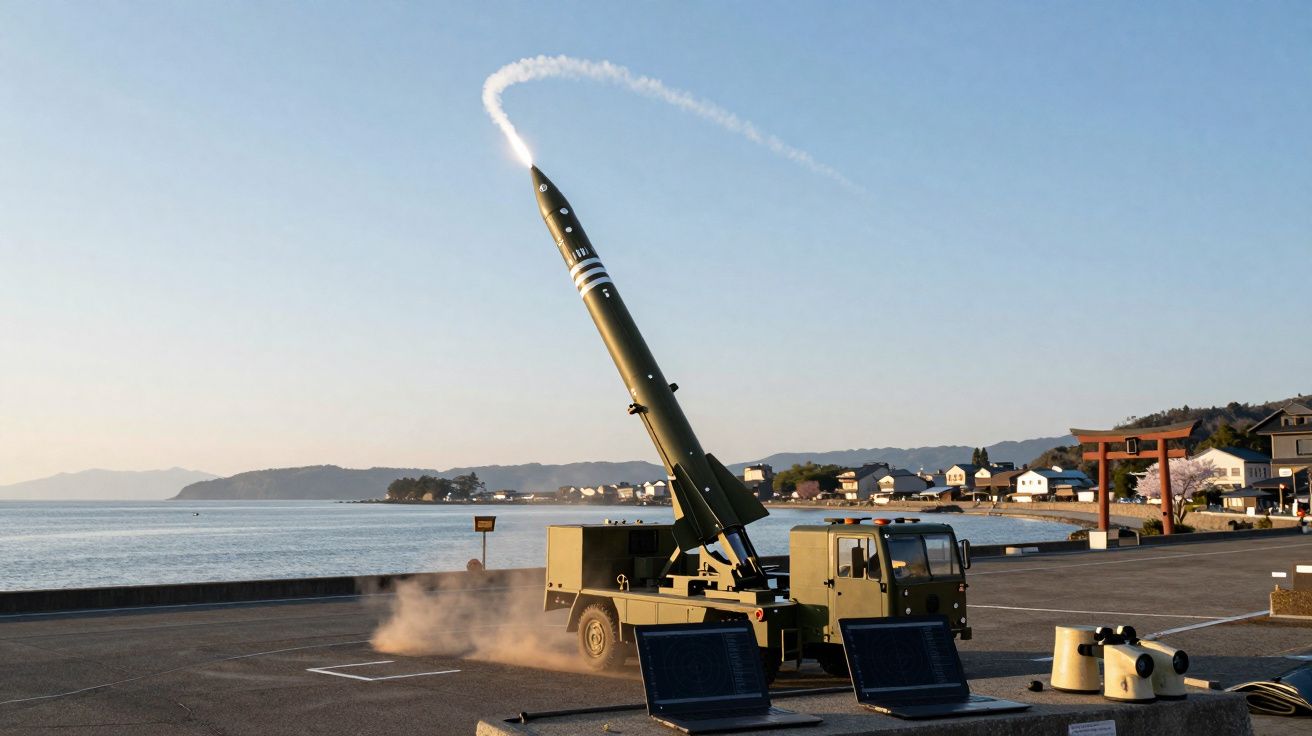 Foguete militar sendo lançado de caminhão em área costeira com mar e casas ao fundo.