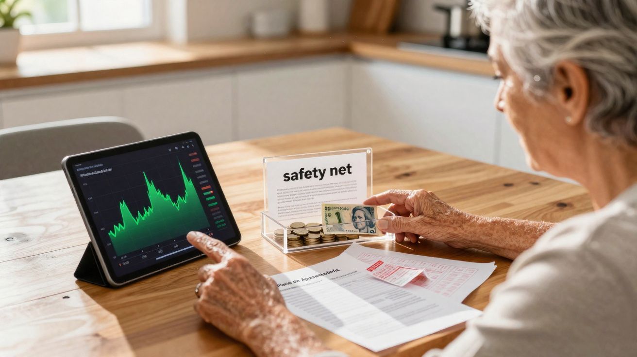 Pessoa idosa analisando gráficos financeiros em tablet e documentos sobre segurança financeira em mesa de madeira.