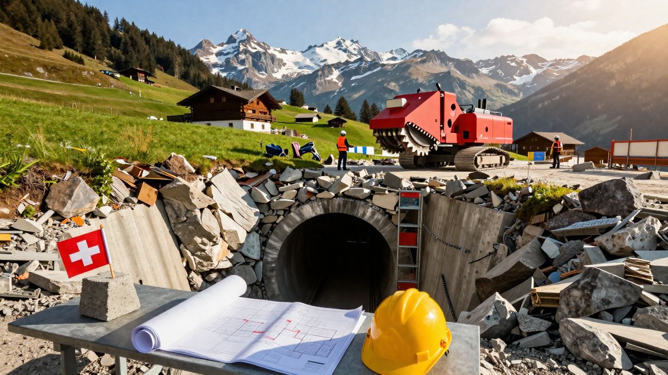 Obras de construção em túnel com capacete, planta, máquina vermelha e montanhas ao fundo na Suíça.