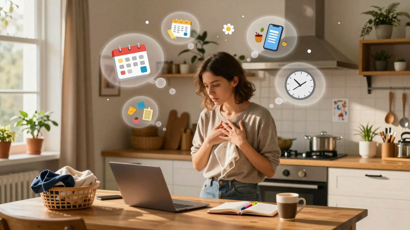 Mulher em casa olhando para laptop, cercada por ícones de calendário, relógio e organização pessoal.