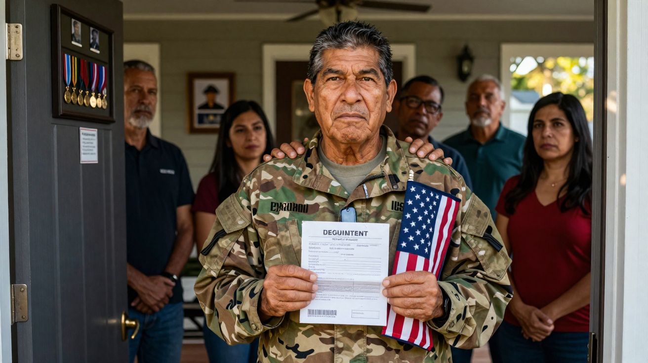 Veterano militar com traje camuflado segura documento e uma bandeira dos EUA, cercado por familiares em apoio.
