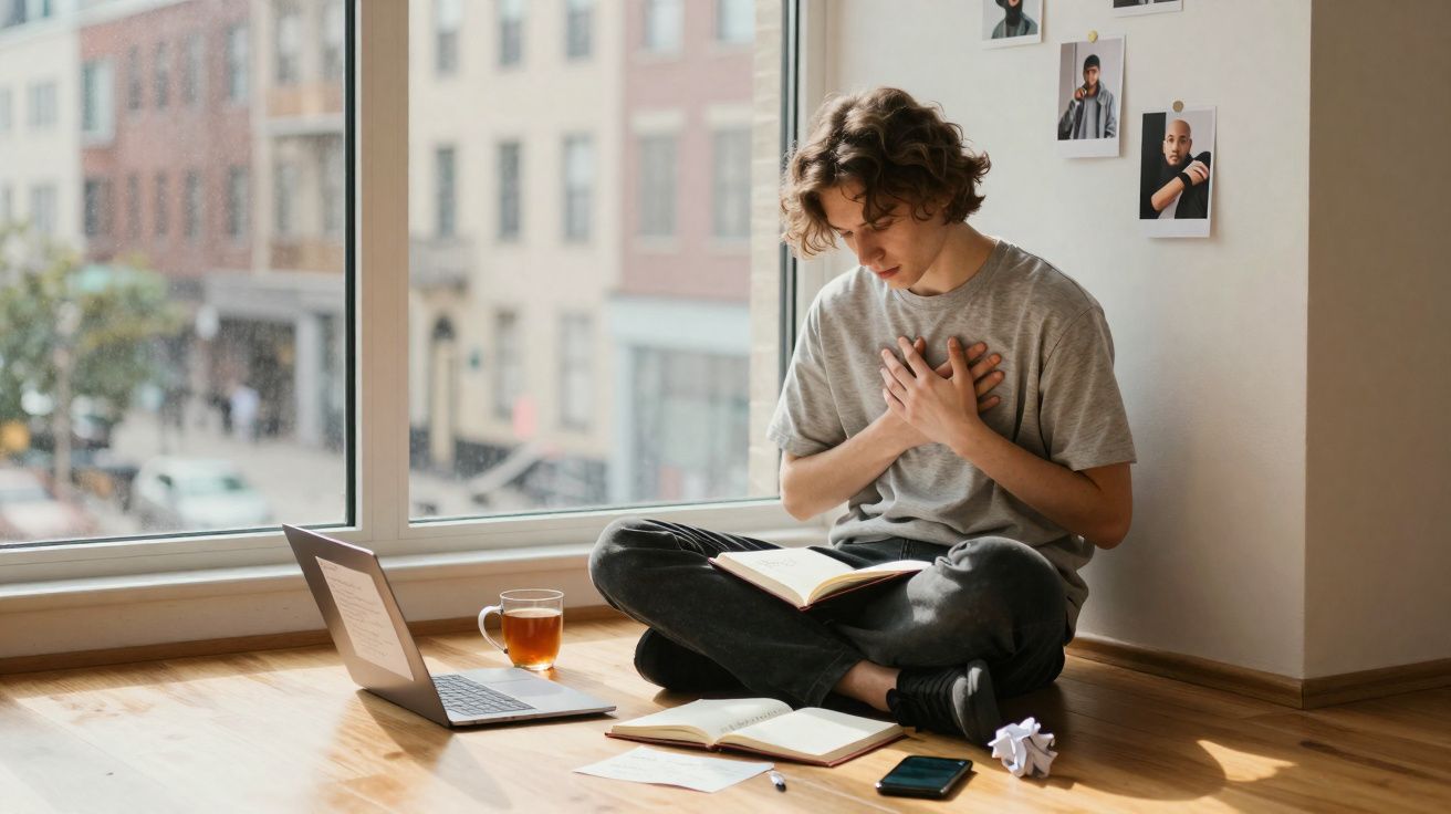 Jovem sentado no chão perto da janela, lendo livro e com as mãos no peito, com laptop, celular e xícara ao lado.