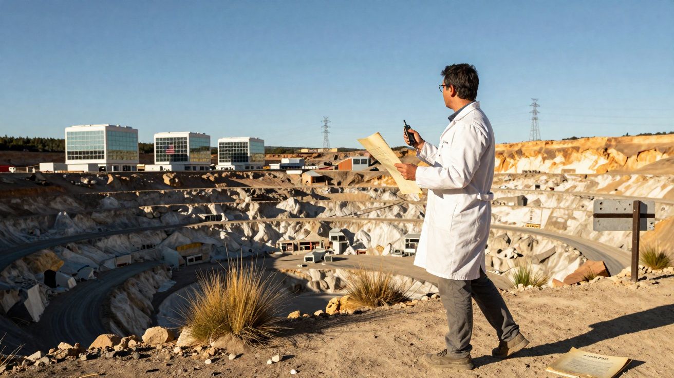 Homem de jaleco observando mina a céu aberto com rádio e planta na mão ao entardecer.