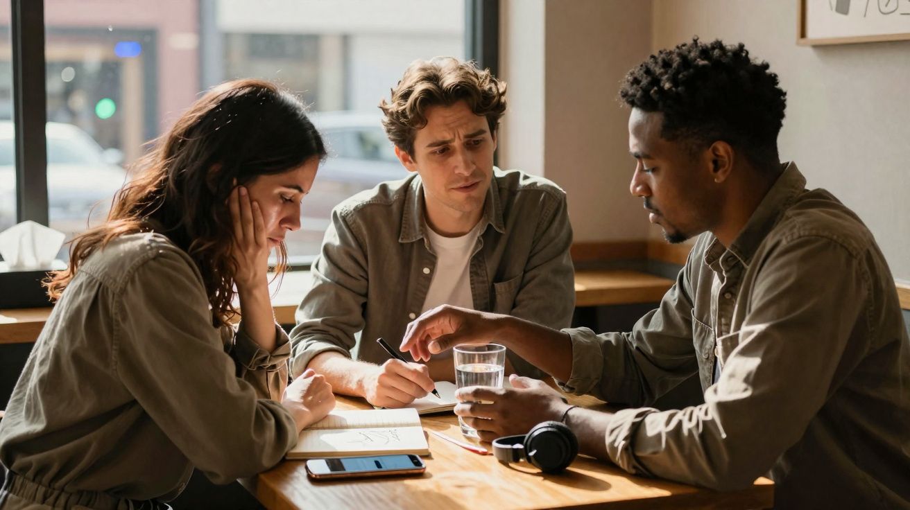 Três jovens focados sentados em mesa discutindo anotações, com copo de água e celular à frente.