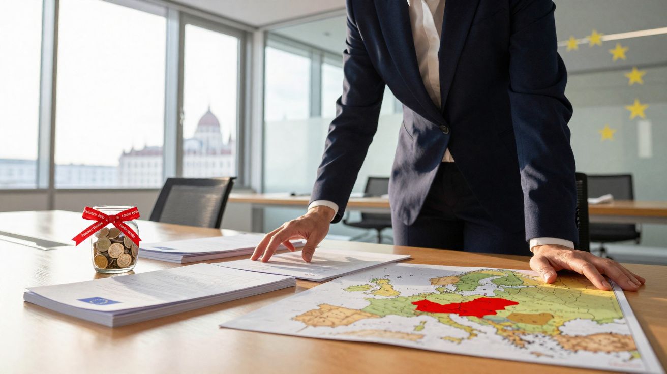 Pessoa em terno azul aponta para mapa da Europa com destaque em laranja em sala de reunião moderna.