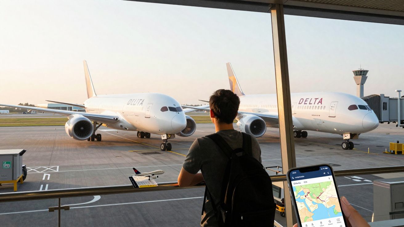 Pessoa observa dois aviões da Delta no portão do aeroporto ao pôr do sol, com mapa aberto em celular.