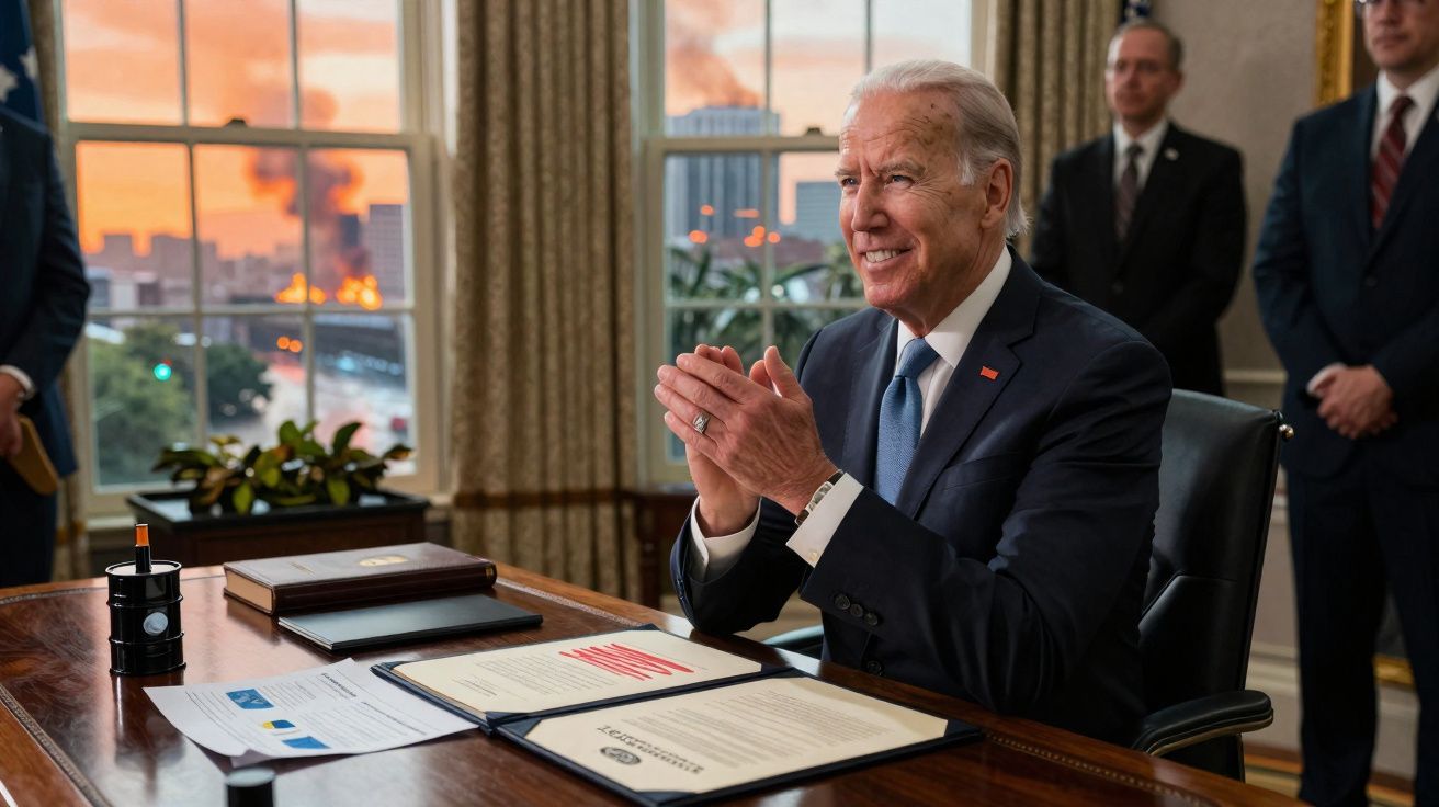 Presidente dos EUA sentado à mesa em gabinete com documentos assinados e pessoas ao fundo.