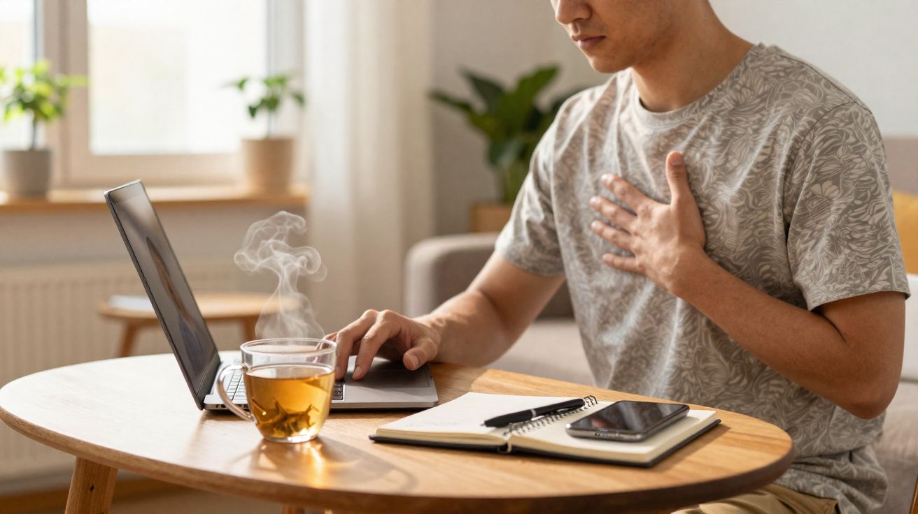 Pessoa sentada à mesa com laptop, copo de chá quente, caderno e celular, segurando o peito.