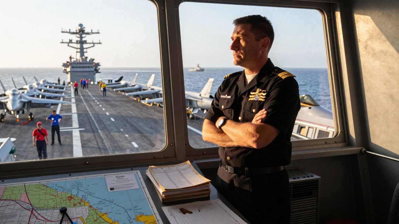 Oficial naval observando o convés de um porta-aviões com aviões estacionados ao fundo.