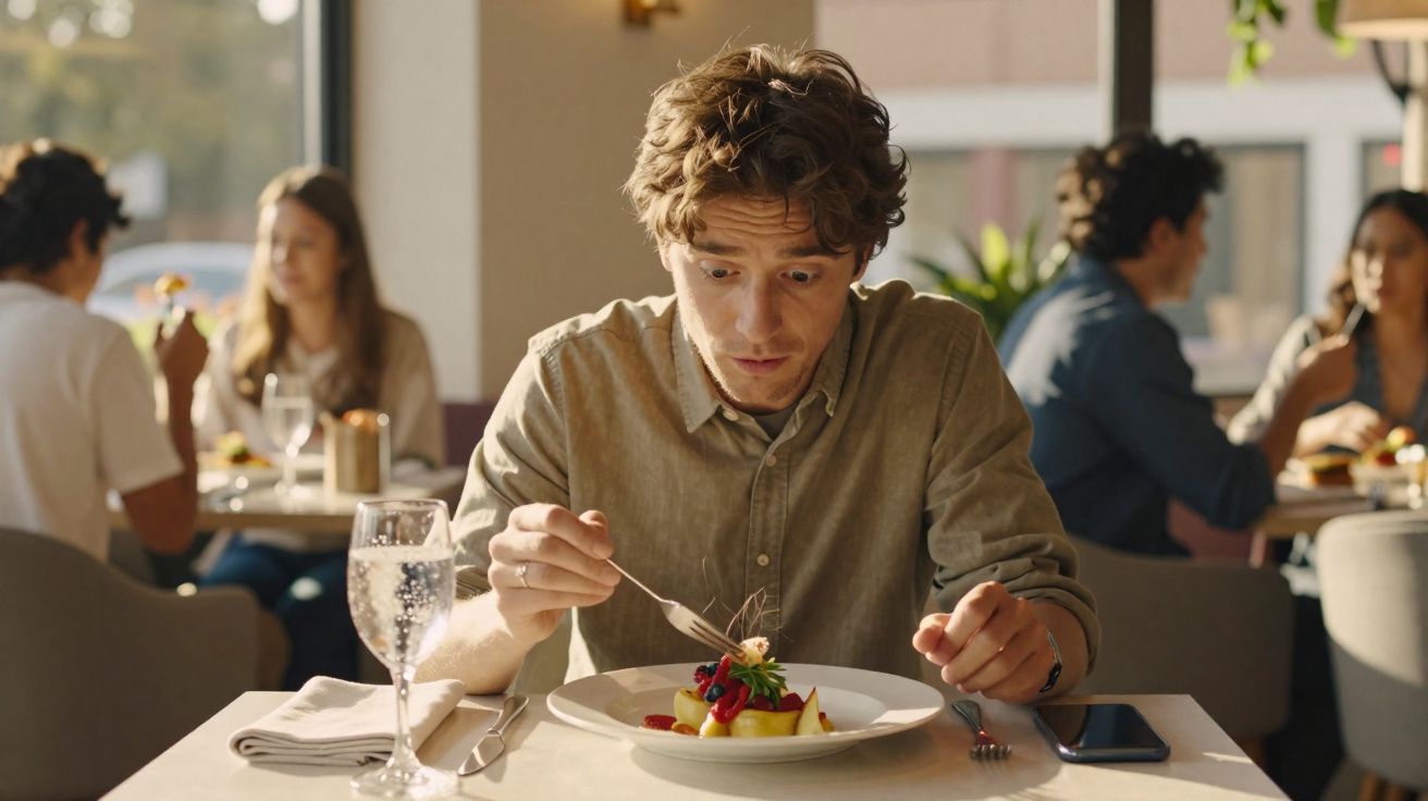 Jovem sentado sozinho em restaurante, olhando com surpresa para prato de sobremesa colorida à sua frente.