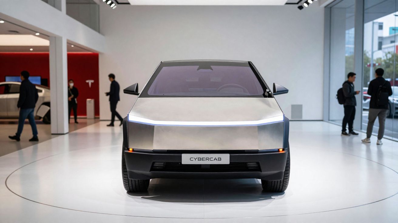 Carro elétrico Tesla Cybercab cinza em exposição, vista frontal, em ambiente interno moderno.