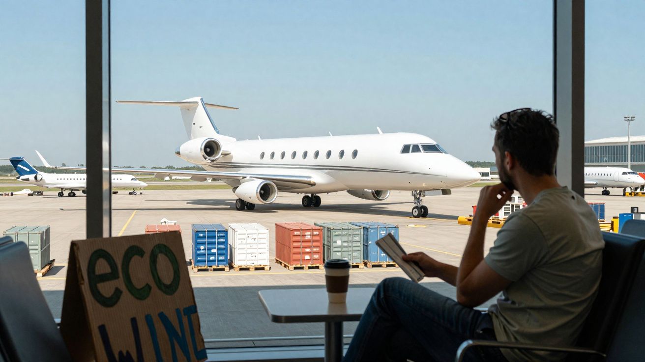 Homem sentado no aeroporto observando jato particular branco taxiando na pista sob céu claro.