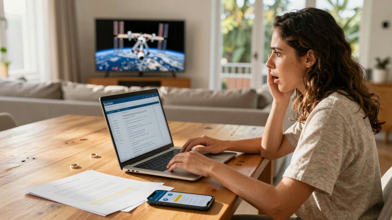 Mulher trabalhando em laptop com celular e documentos sobre mesa em sala iluminada.