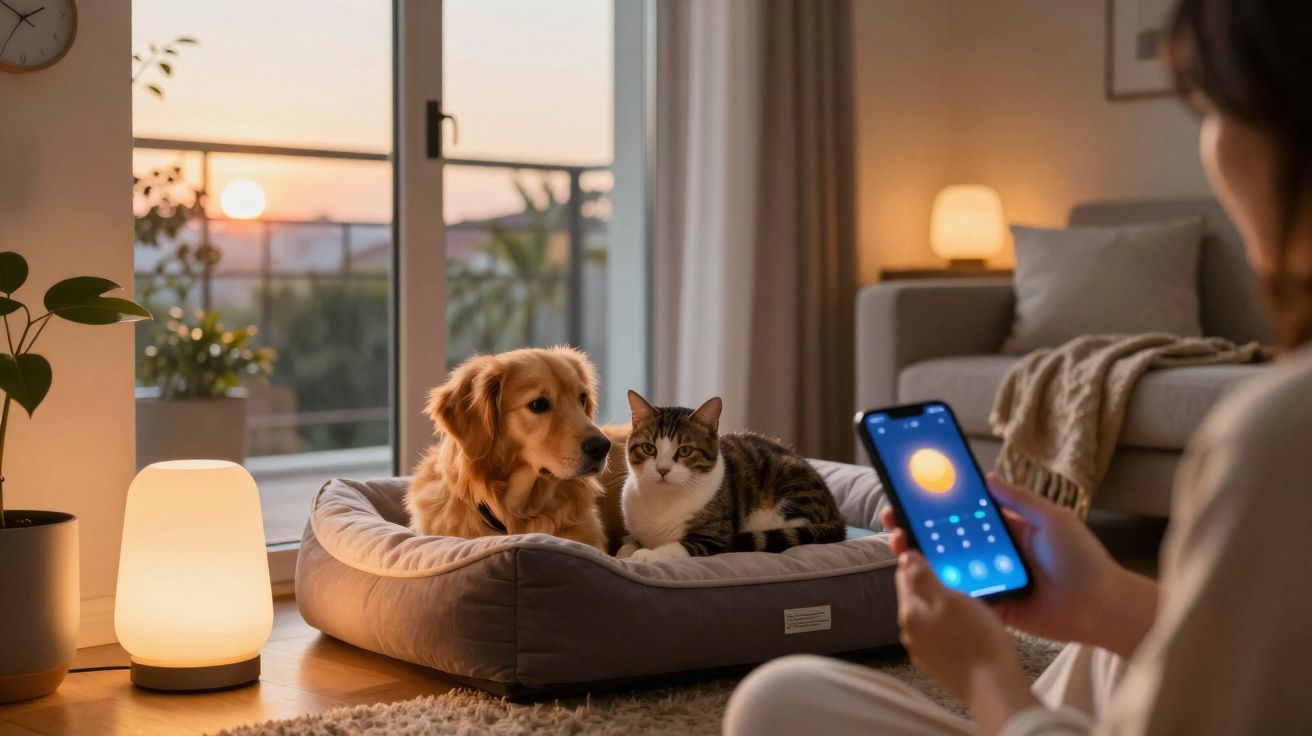 Cachorro e gato juntos em cama para pets enquanto pessoa controla luz do ambiente por smartphone ao pôr do sol.