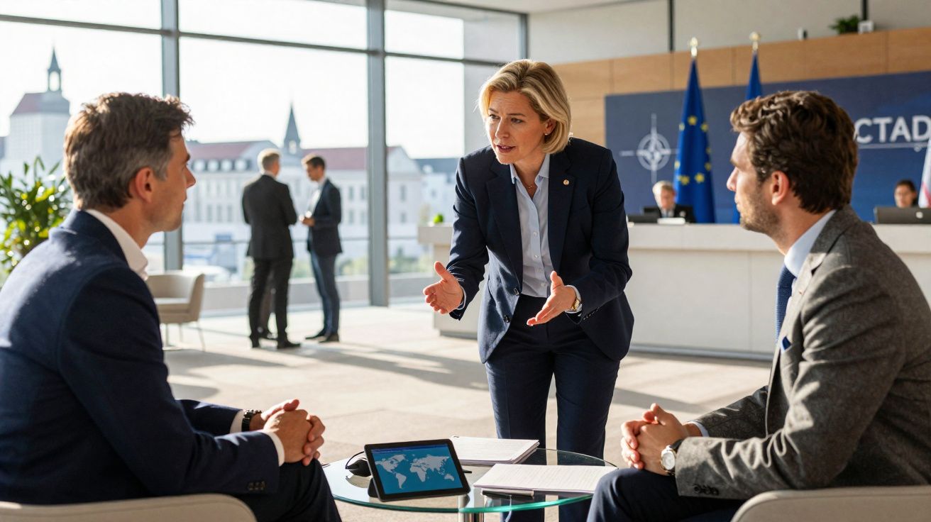 Mulher de negócios discutindo com dois homens em reunião informal em escritório moderno com vista urbana.