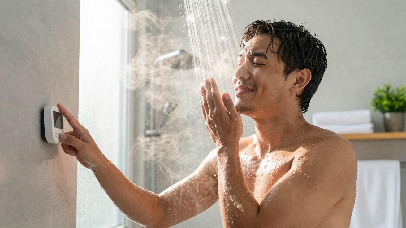 Homem ajusta temperatura do chuveiro enquanto toma banho quente no banheiro iluminado.