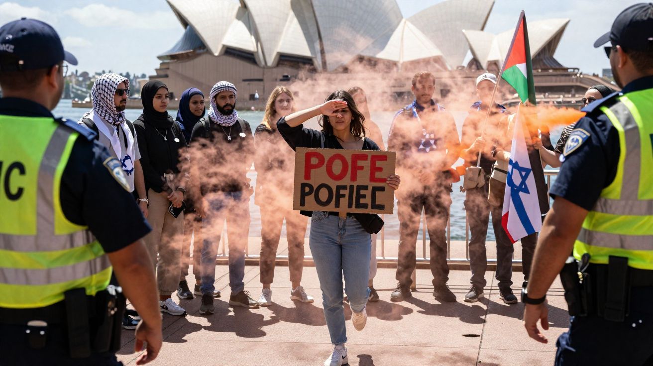 Manifestantes com bandeiras de Israel e Palestina e policiais em frente à Ópera de Sydney com fumaça laranja no ar.