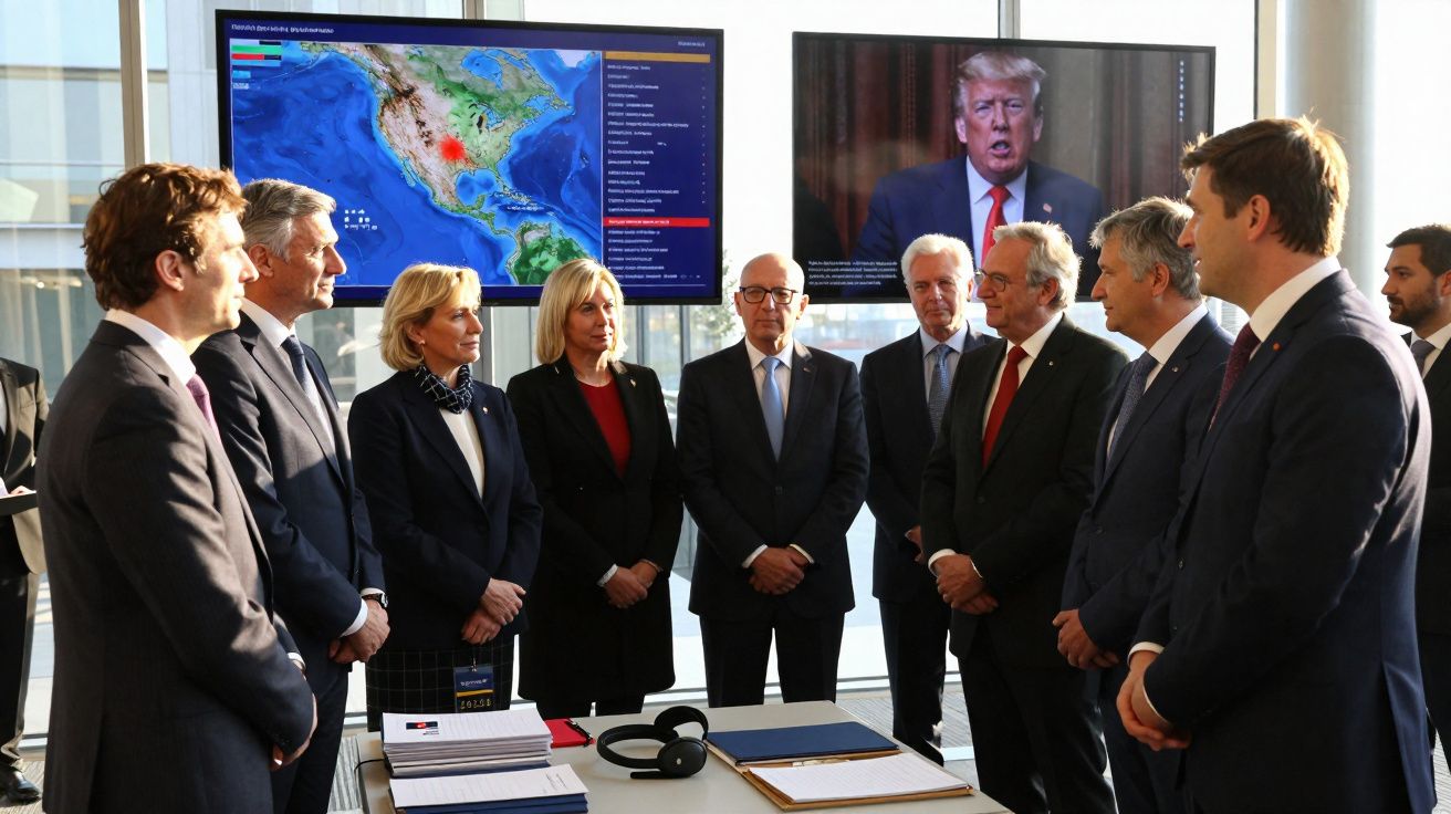 Grupo de pessoas em traje formal reunidas em sala com duas telas exibindo mapa e imagem de político.