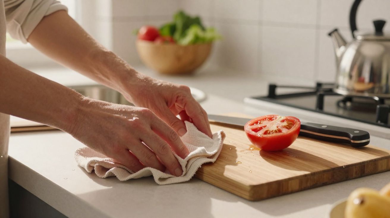 Mãos secando tábua de cortar com pano ao lado de tomate cortado e faca na cozinha.