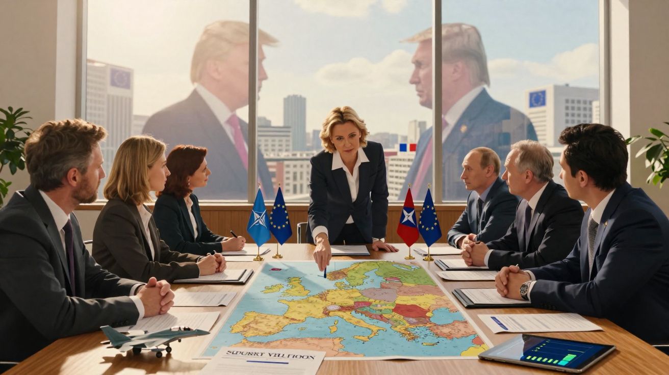 Grupo de líderes em reunião estratégica com mapa da Europa e bandeiras da OTAN e União Europeia.