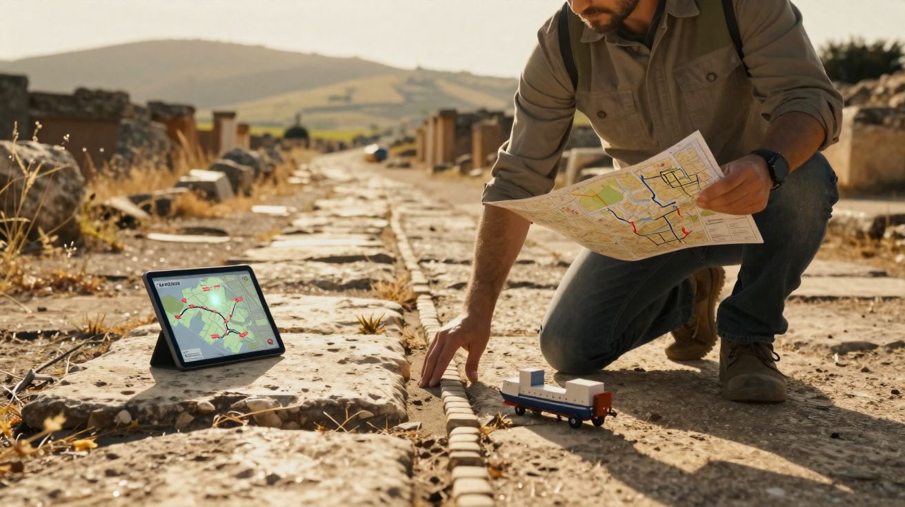 Homem ajoelhado em estrada antiga usa mapa e tablet para guiar modelo de trem entre pedras.