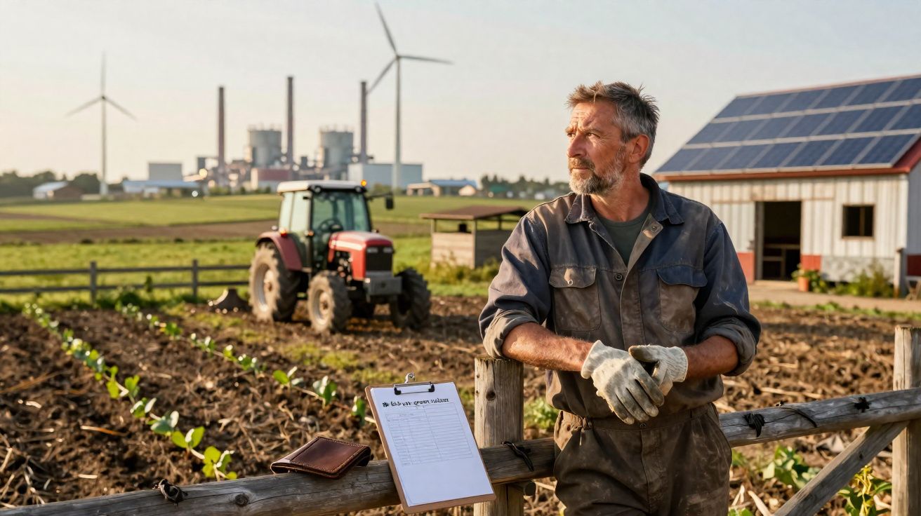 Agricultor em campo com trator, painel solar e turbinas eólicas ao fundo durante o dia.