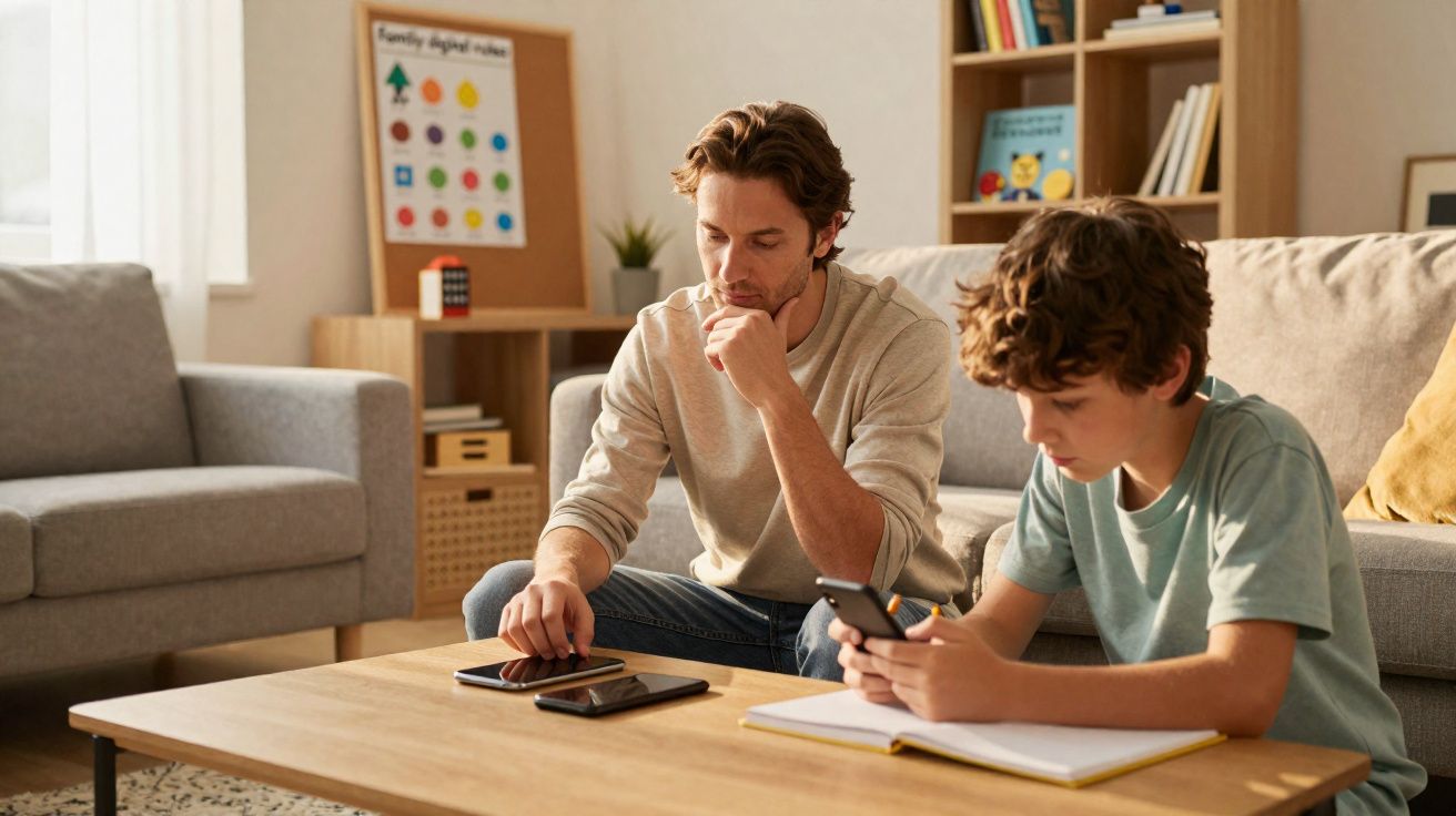 Homem e menino sentados à mesa da sala, focados em aparelhos eletrônicos e caderno aberto.