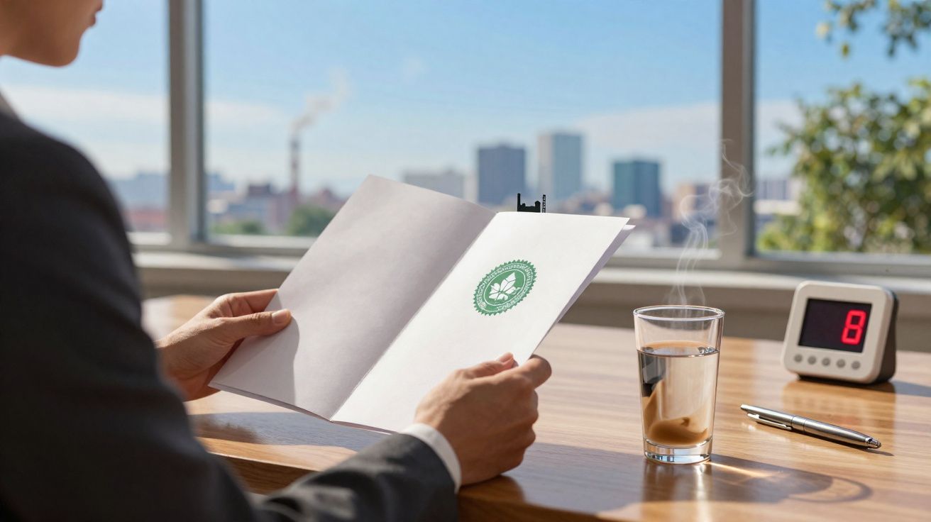 Pessoa lendo um documento com selo verde, ao lado copo de água quente, caneta e relógio digital na mesa.