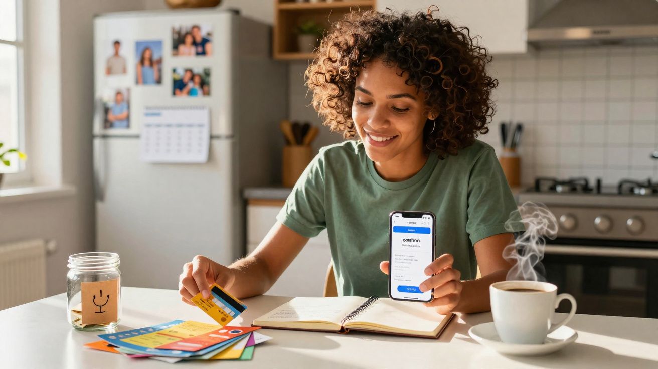 Mulher sorridente segurando celular com app aberto e cartão de crédito em mesa da cozinha com café quente.