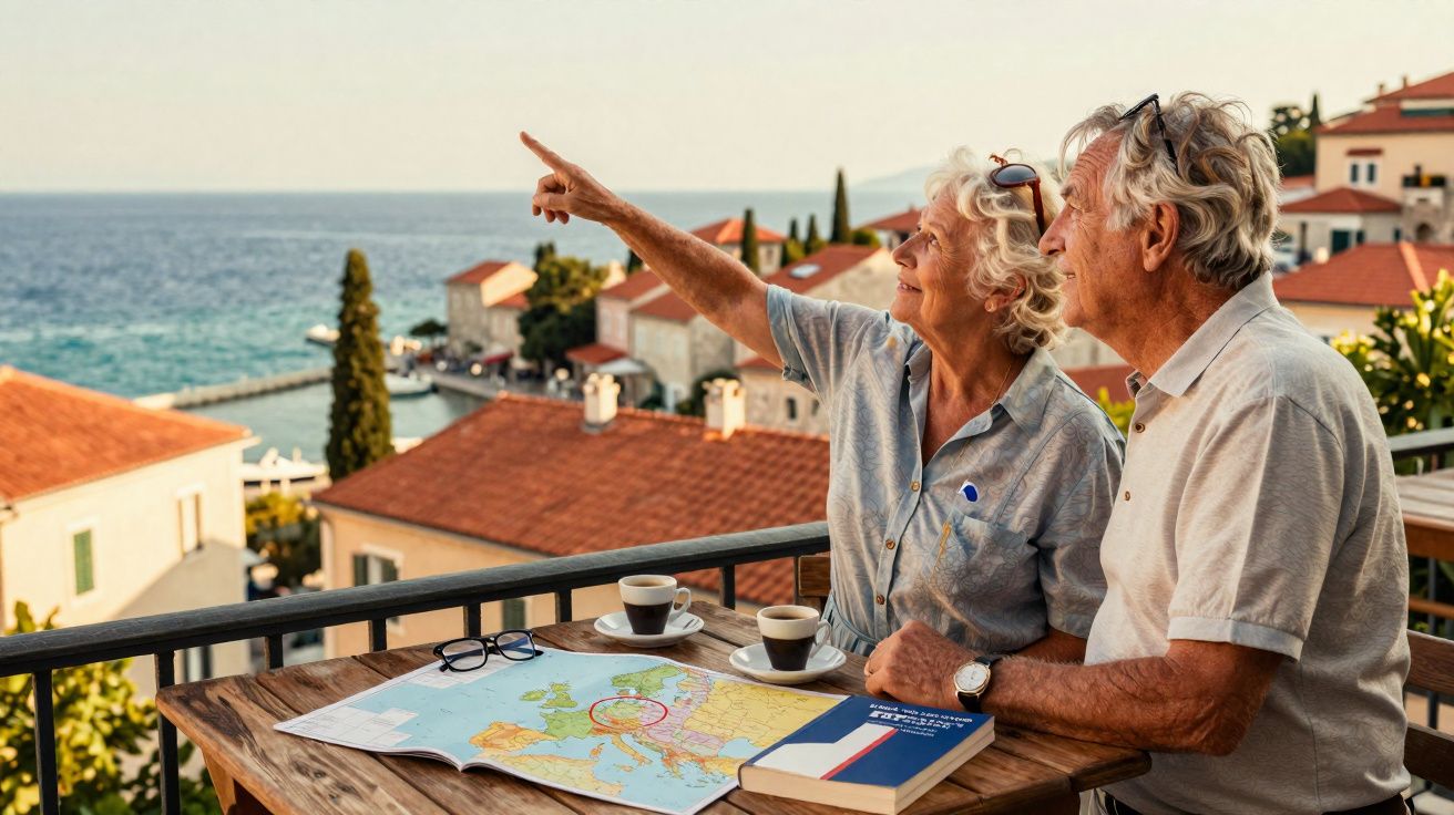 Casal idoso viajando, sentados na varanda com mapa e livro, vista para o mar e casas ao fundo.